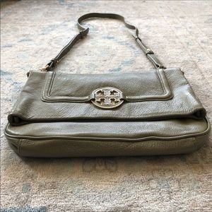 Tory Burch Amanda Foldover Crossbody Messenger Pebbled Leather Thunderstorm